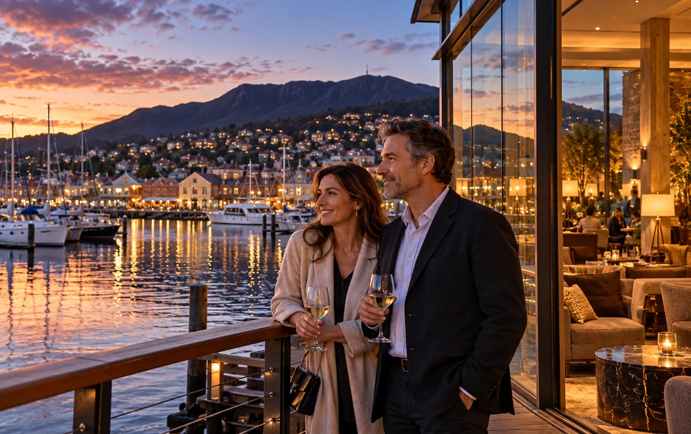 A waterfront marina at dusk; editorial Hobart travel scene